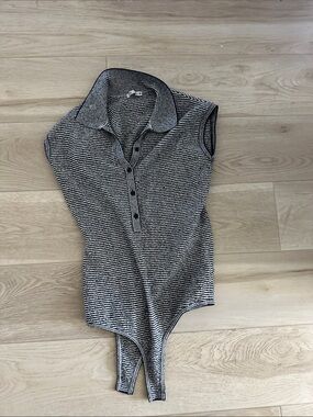 Zara Black & White Striped Sleeveless Polo Bodysuit with Collar